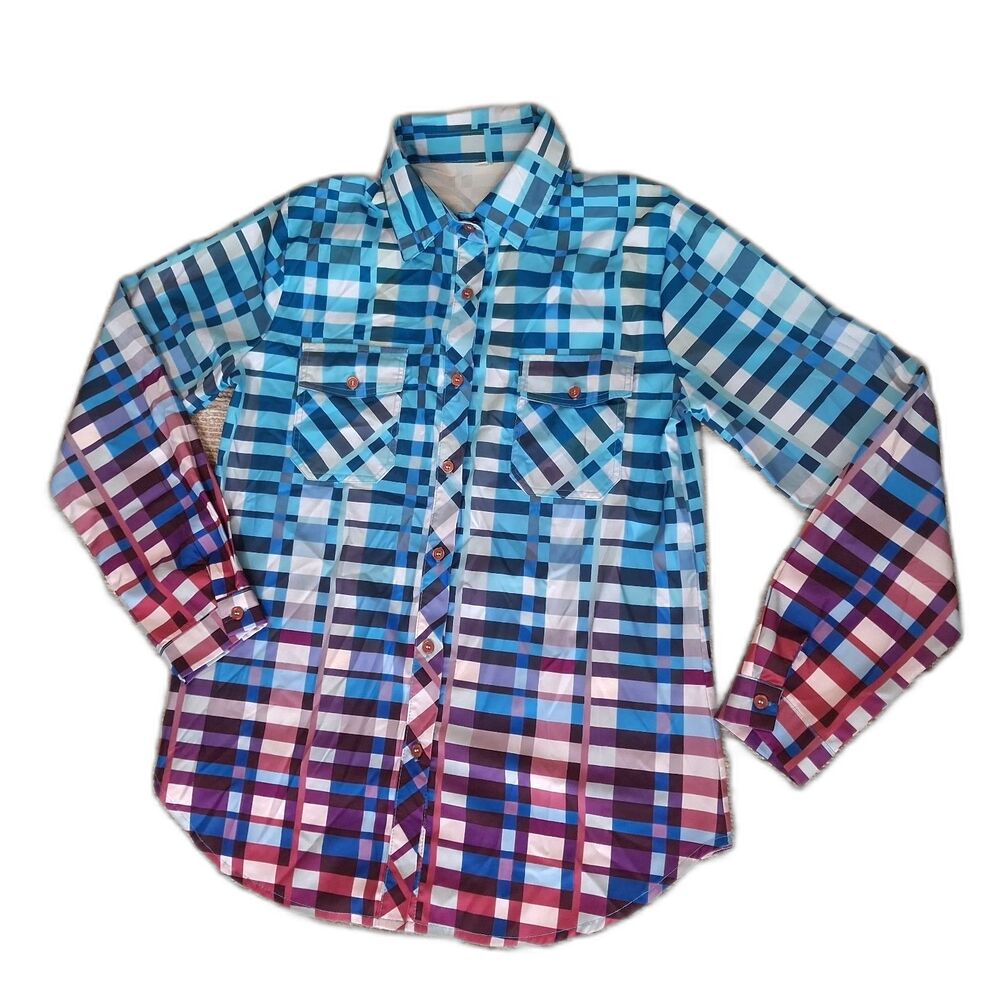 ​WOMENS MEDIUM OMBRE PLAID BUTTON DOWN SHIRT BLUE PURPLE GRADIENT LONG SLEEVE